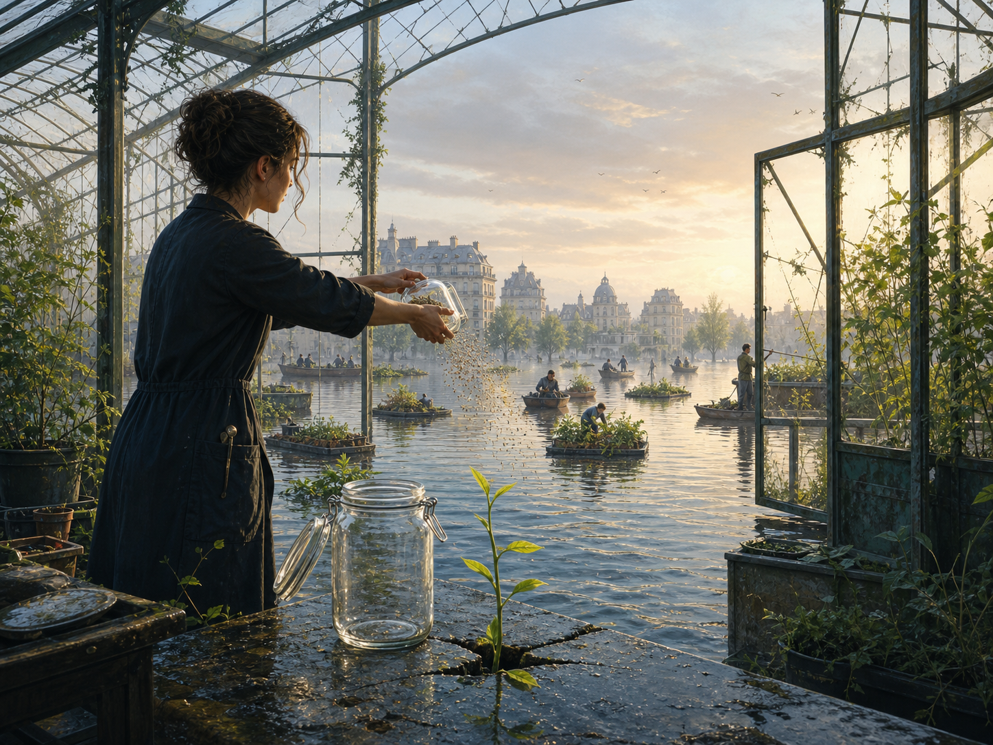 À l’aube, Mara libère les graines vers des jardins flottants partagés dans la ville inondée.