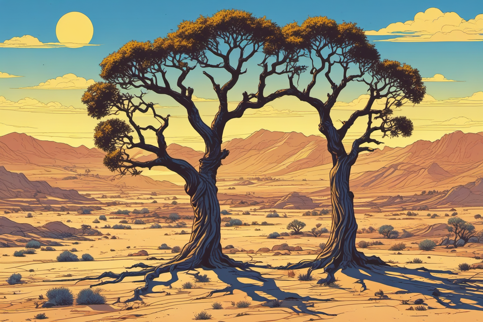 Source brute du décor : paysage aride lumineux avec ciel bleu, soleil jaune et deux grands arbres enracinés.