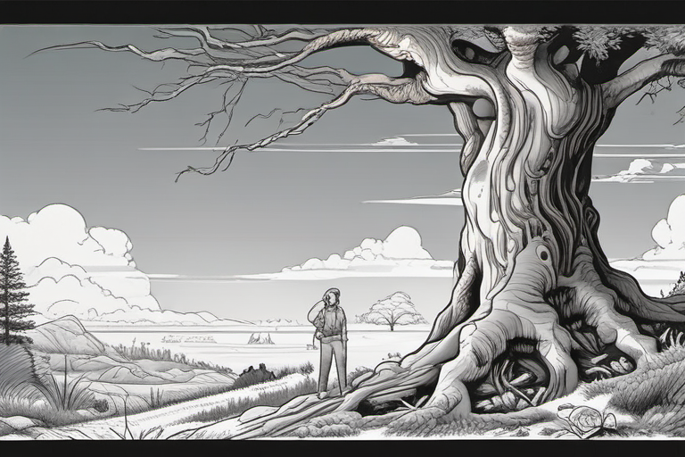 Case brute 2, paysage sombre avec un personnage minuscule près d’un arbre.